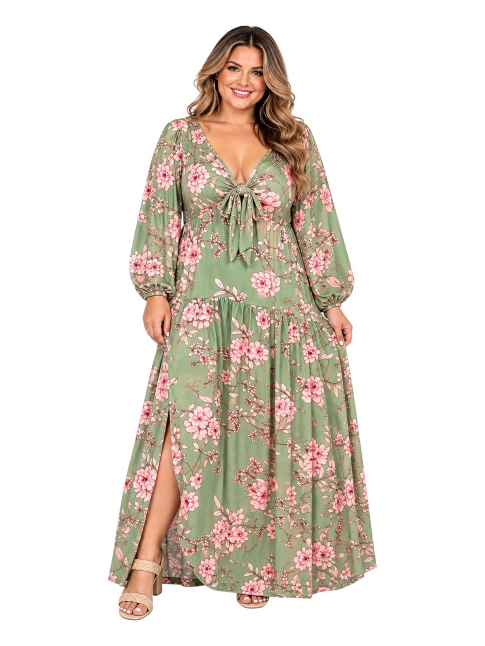 ELOQUII Size 20 Sage Green Pink Floral Tie Front Maxi Dress Plus